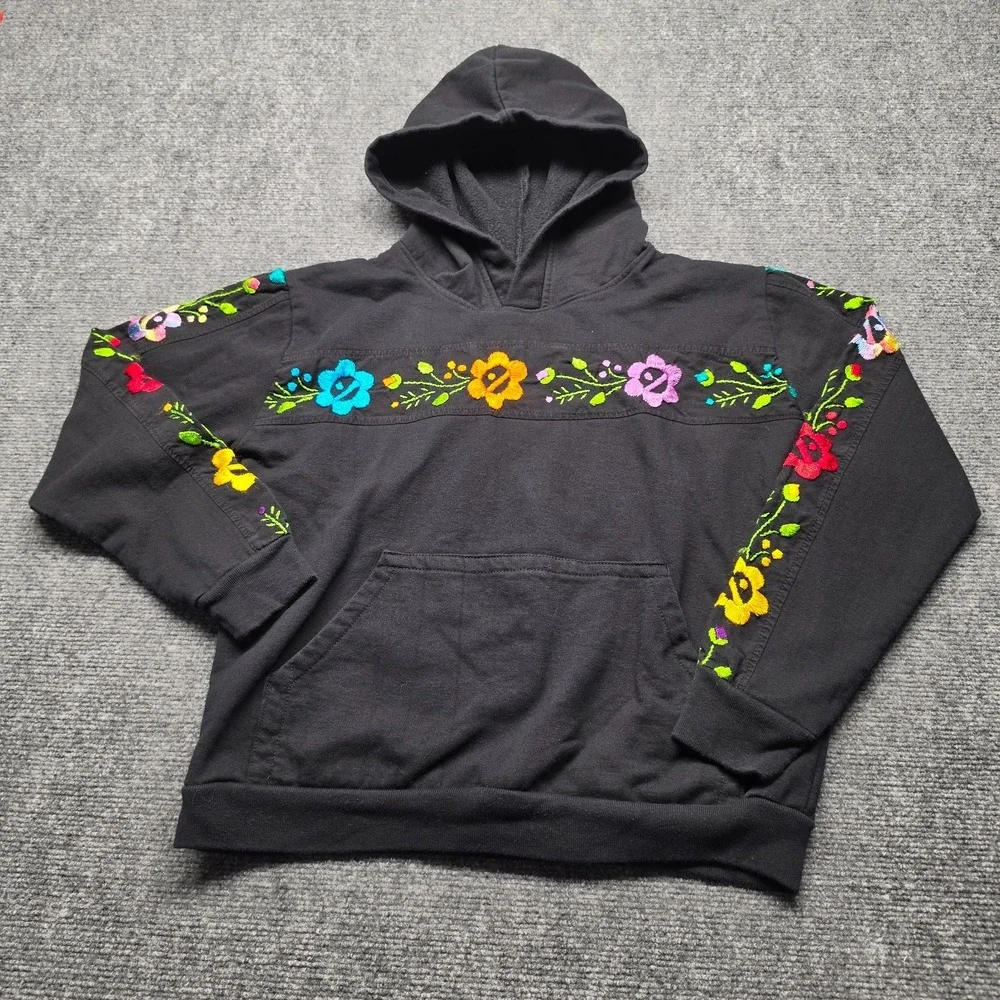 Hand Embroidered Mexican Floral Black Pullover Hoodie Size Medium Boho Cottageco